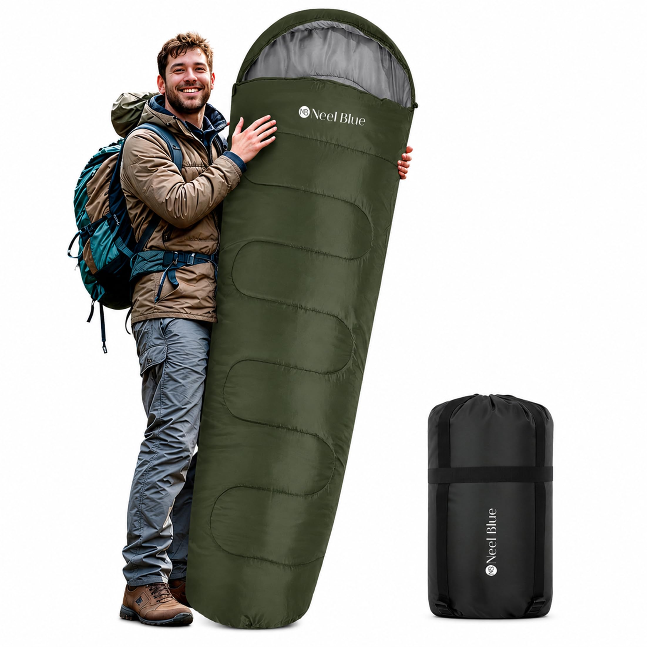 WedDecor All-Season Mummy Sleeping Bag for Camping Green – Insulated, Water-Proof & Portable – Hooded Sleeping Bag for Adults – 220cm x 85cm – Ideal for Hiking & Backpacking