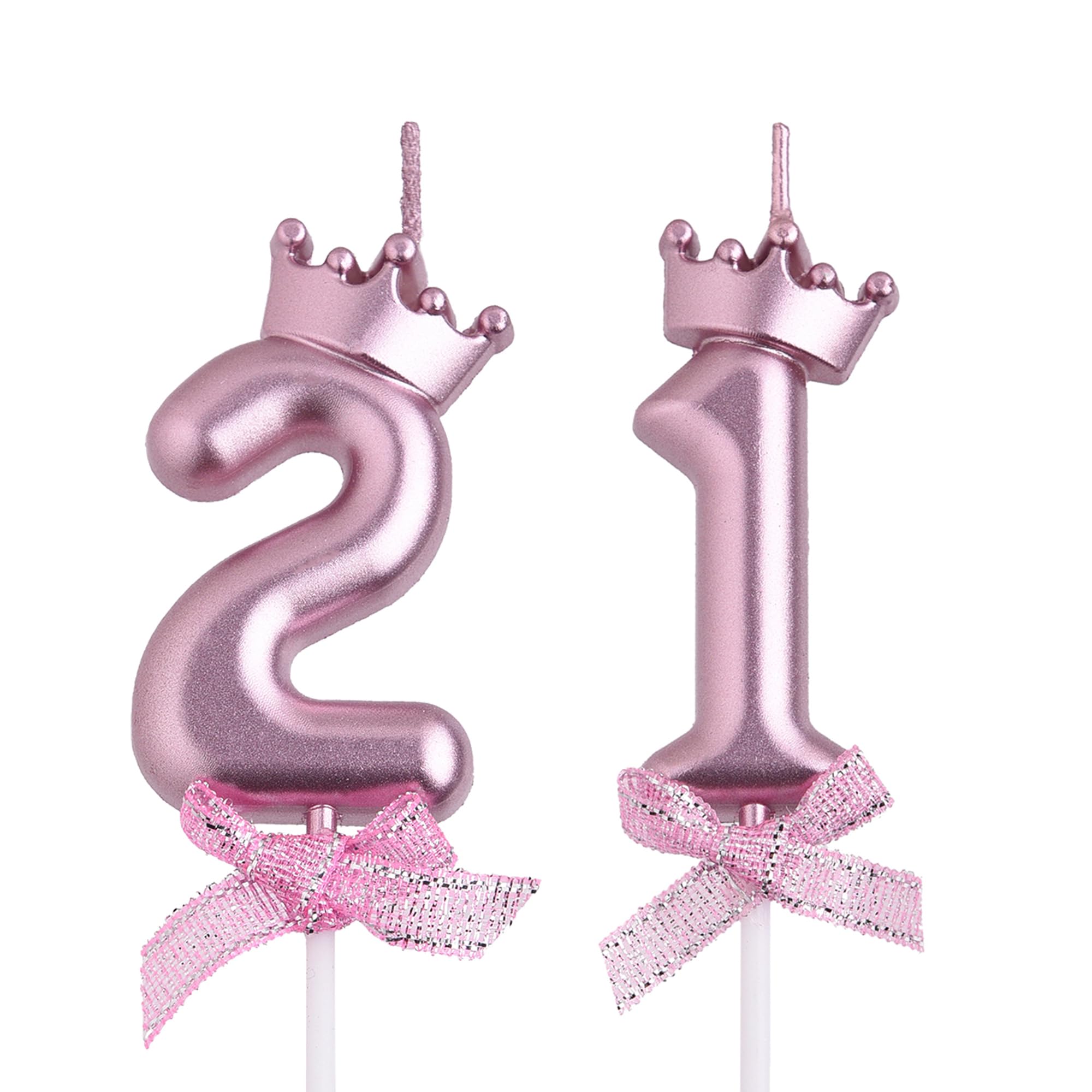Vela de cumpleaños número 21, velas metálicas sin humo para tarta número 21 | Corona 3D y lazo con purpurina número 21 para decoración de tarta para aniversario, fiesta de cumpleaños