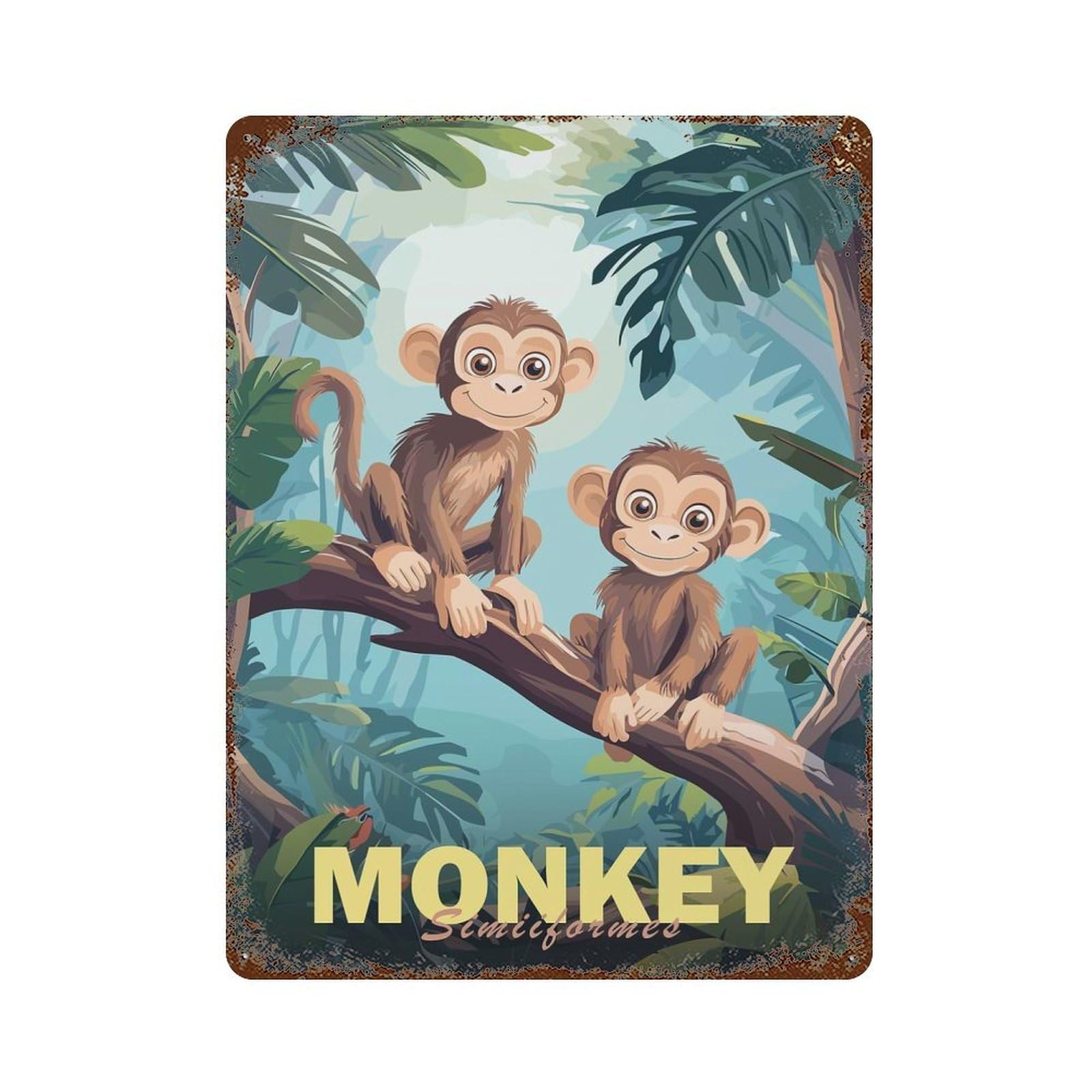 Garage Style Two Monkeys in Jungle Distressed Metal Wall Sign 15.7"x11.8", Novelty Wall Decor for Bar And Workshop