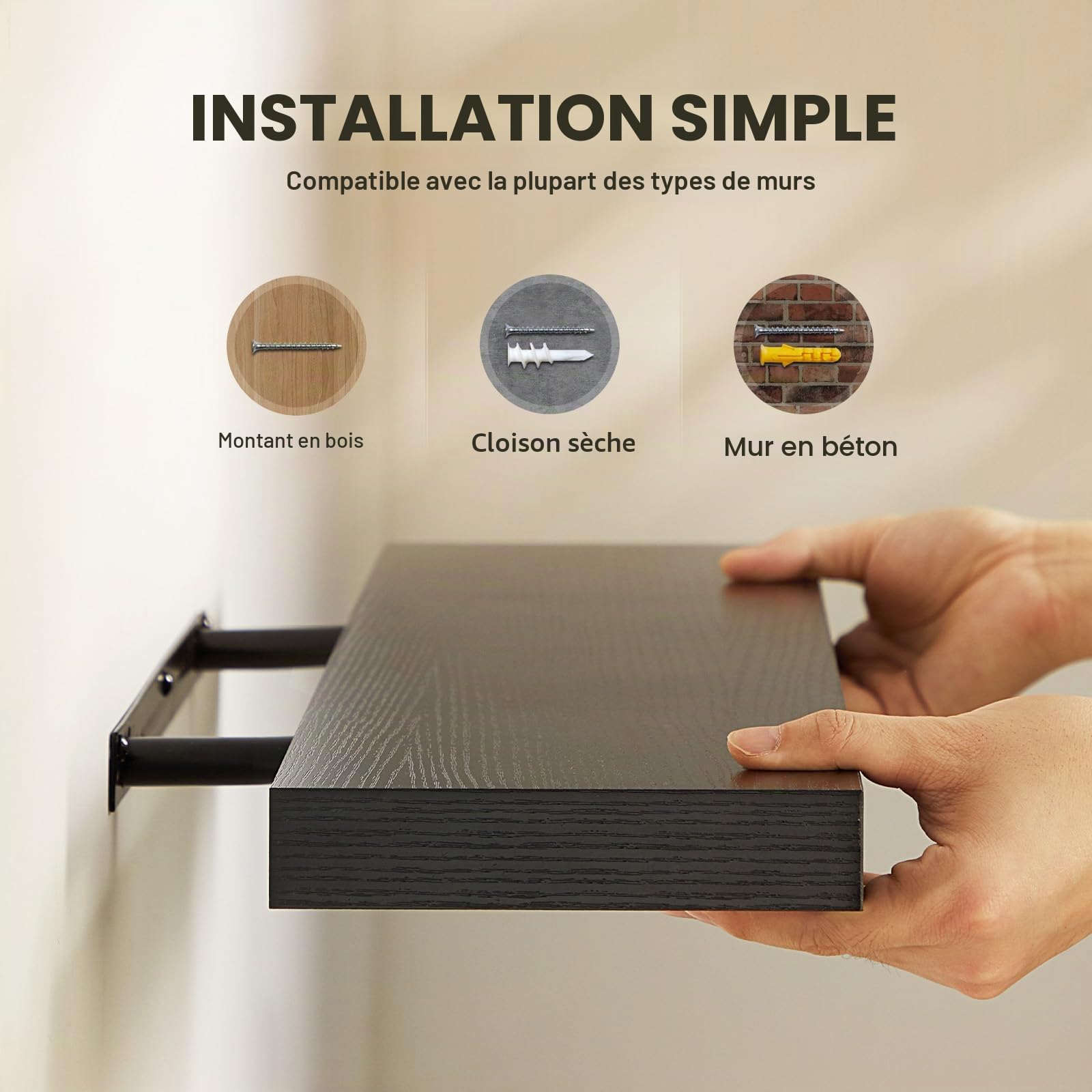 Amada Étagère Murale 60 cm avec Supports Invisibles, Lot de 2, Noirc