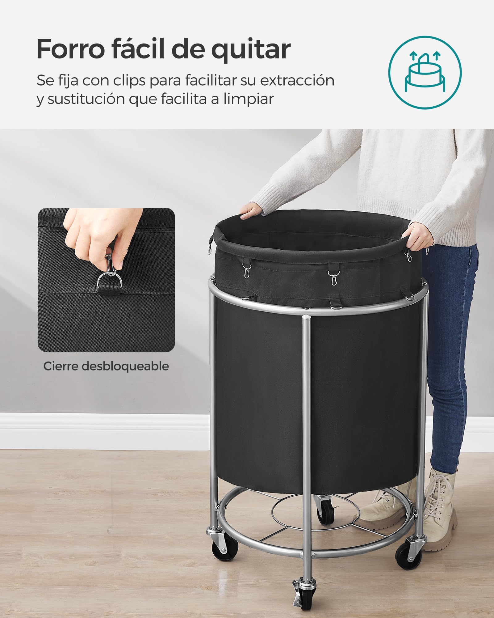 SONGMICS Cesto de Ropa Sucia con Ruedas, Cesta de la Ropa Sucia, 170 L, Cesto Redondo con Marco de Acero y Bolsa Extraíble, 4 Ruedas y 2 Frenos, Negro y Plata RLS001B01