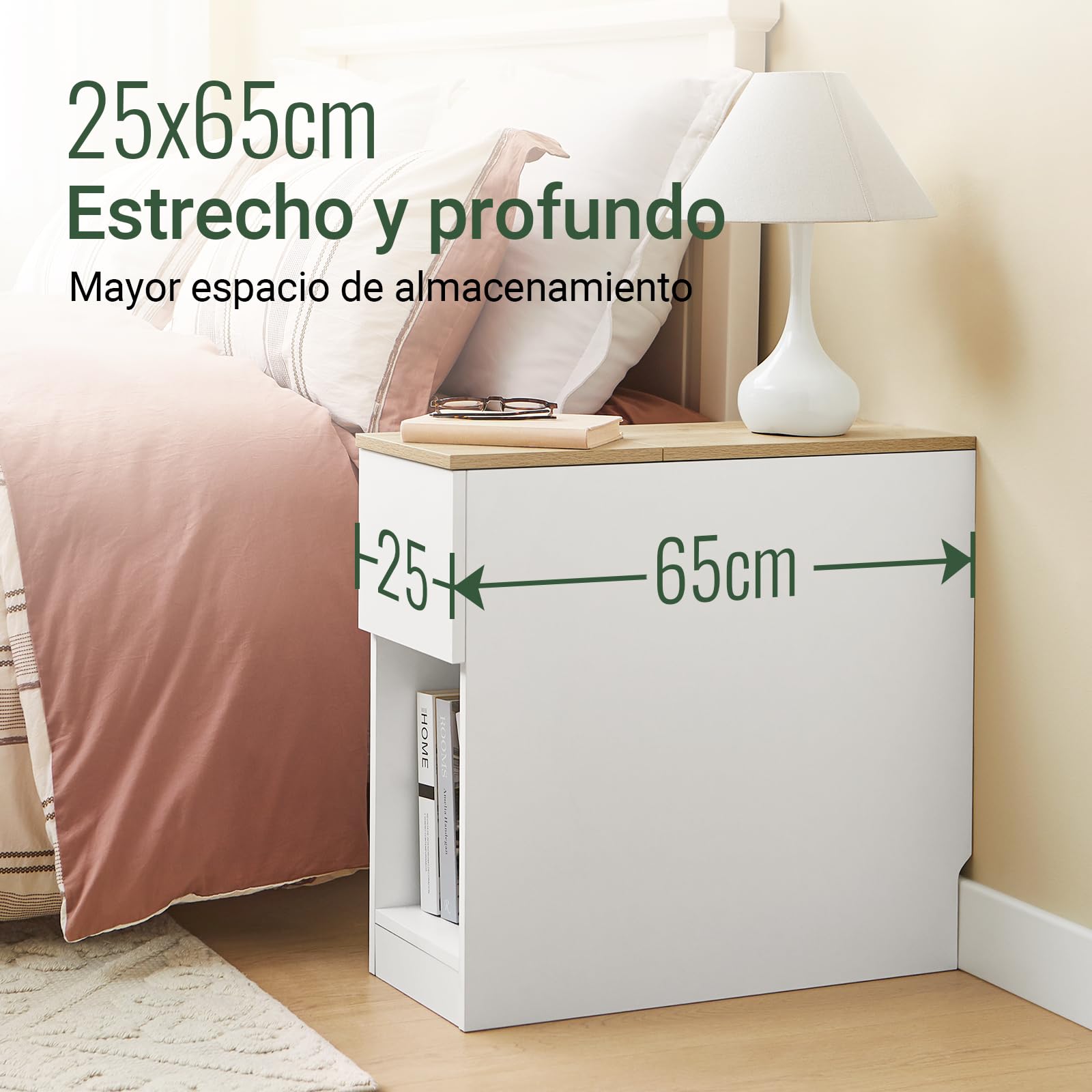 SoBuy Mesa Auxiliar Estrecha - Mesita de Noche con Estante de Almacenamiento y Cajones, Mesa de Noche Ahorra Espacio para Dormitorios Pequeños, 25 x 65 x 60 cm, Blanca y Natural - FBT162-WN