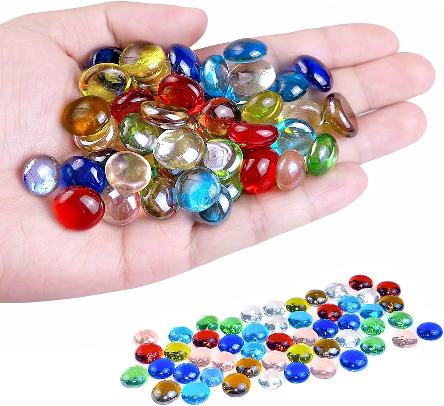 KINGOU Replacement Mancala Stones Mixed Colored Flat Glass Pebbles/Beads/Gems for Games (12-15mm)