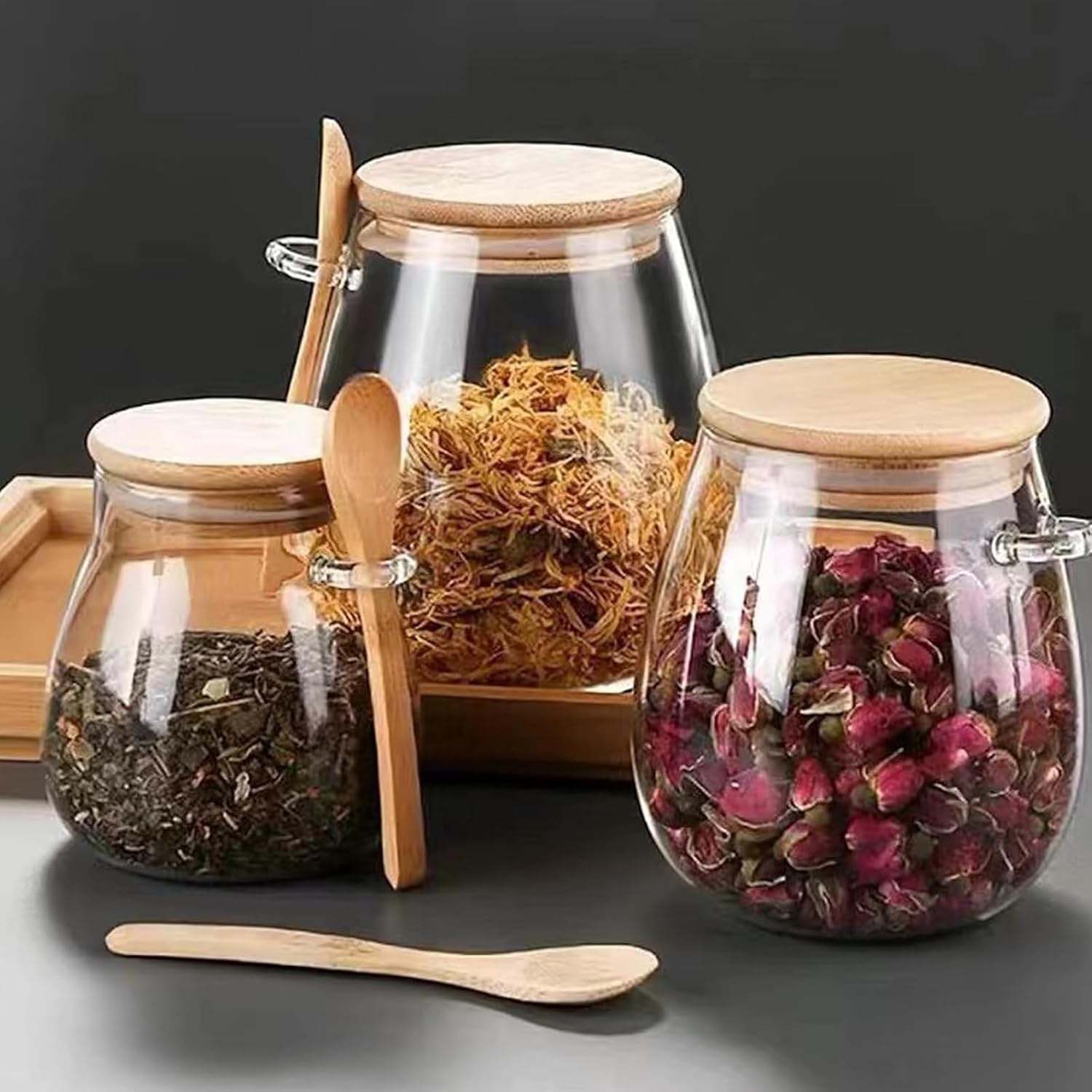 Airtight glass jar storage container with bamboo lid Set of 2, wide mouth, leak-proof, With a spoon, can be used for coffee beans, tea leaves, grains, dried fruits, etc (Middle) image 3