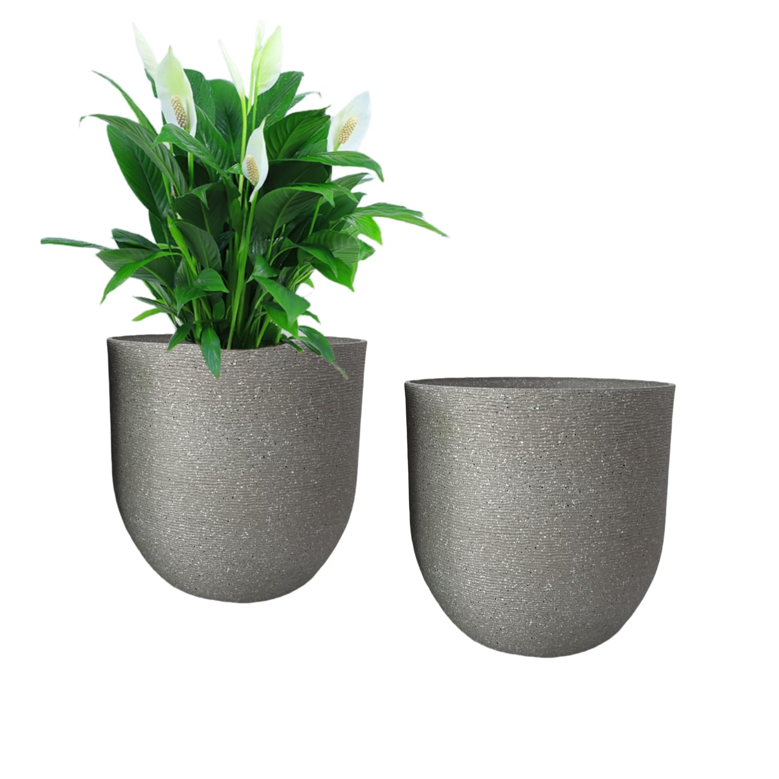10 inch Plant Pots Stone Finish Lightweight Flower Planter with Drainage Hole for Outdoor Garden Patio Indoor Greenery, Set of 2 (Speckled Grey)