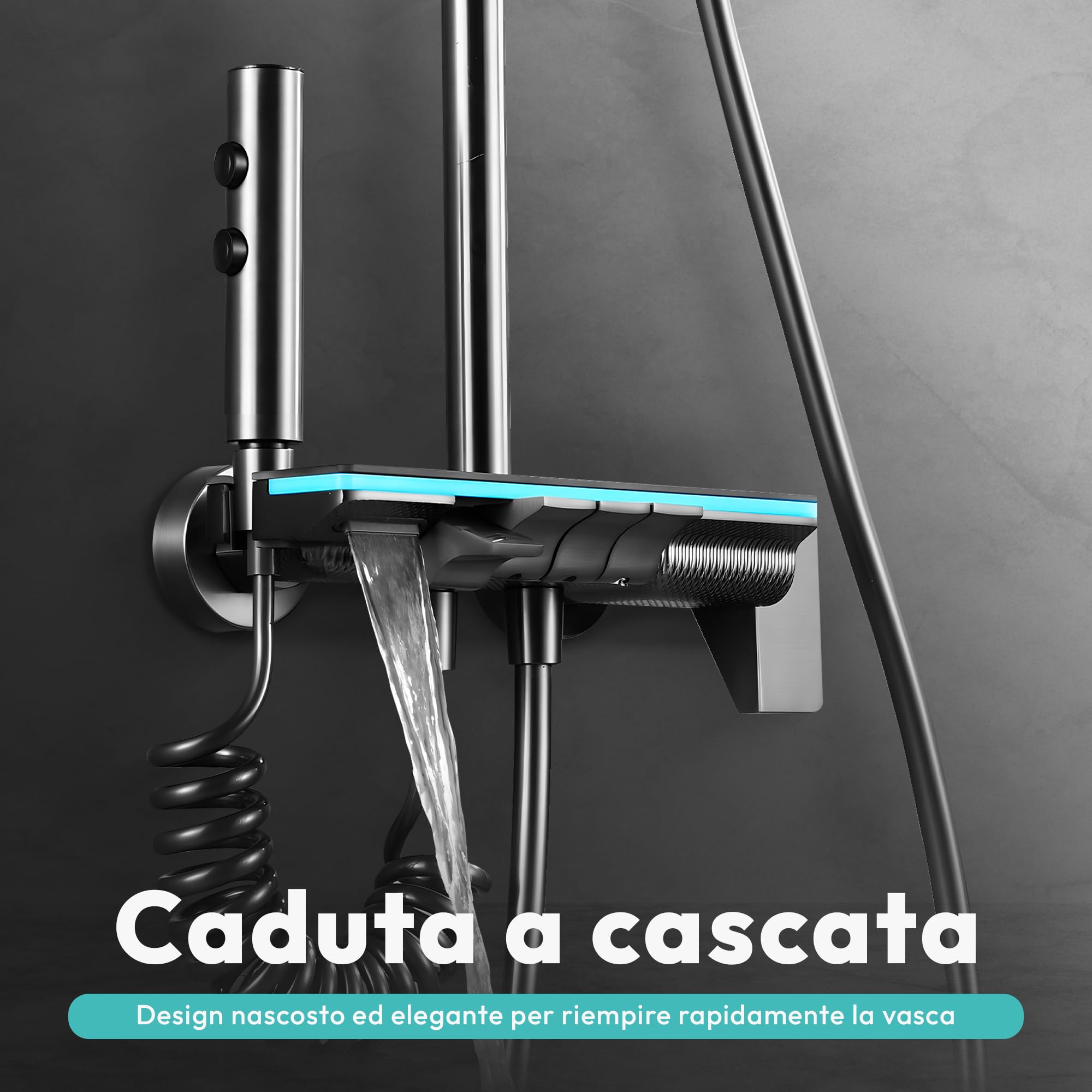 JUPPLIES Colonna Doccia Termostatica Nero Titanio 4 in 1 – Soffione Pioggia 25cm | Display LED | Miscelatore Ceramica | Doccetta + Cascata Vasca | Kit Doccia Completo Nero Opaco