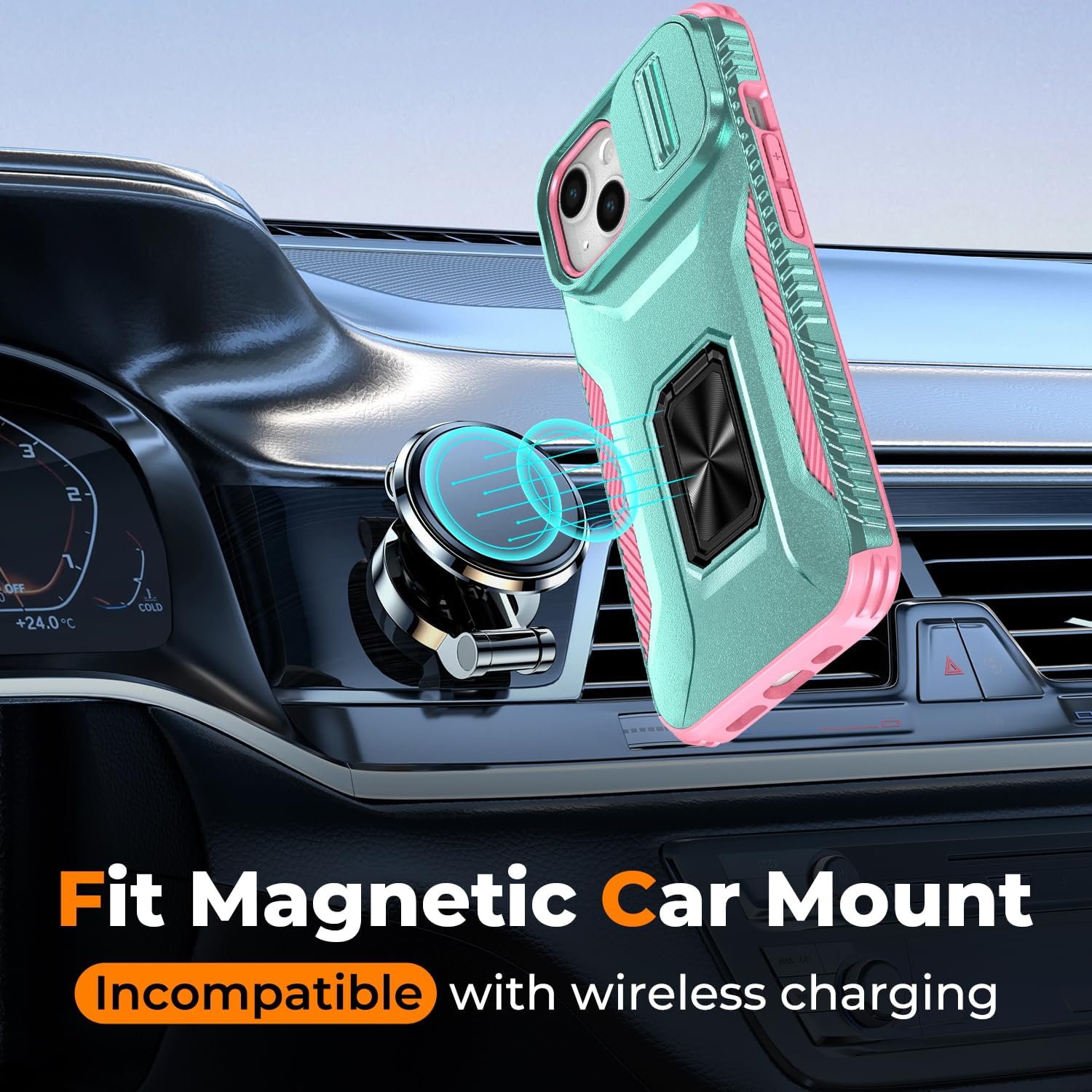 Case for iPhone 13/iPhone 14 6.1-Inch Slide Camera Cover+Screen Protector(2 Packs), Military Grade Shockproof Protective Cover, Rotated Ring Kickstand with Camera Protection (Celadon+Pink) - Image 6