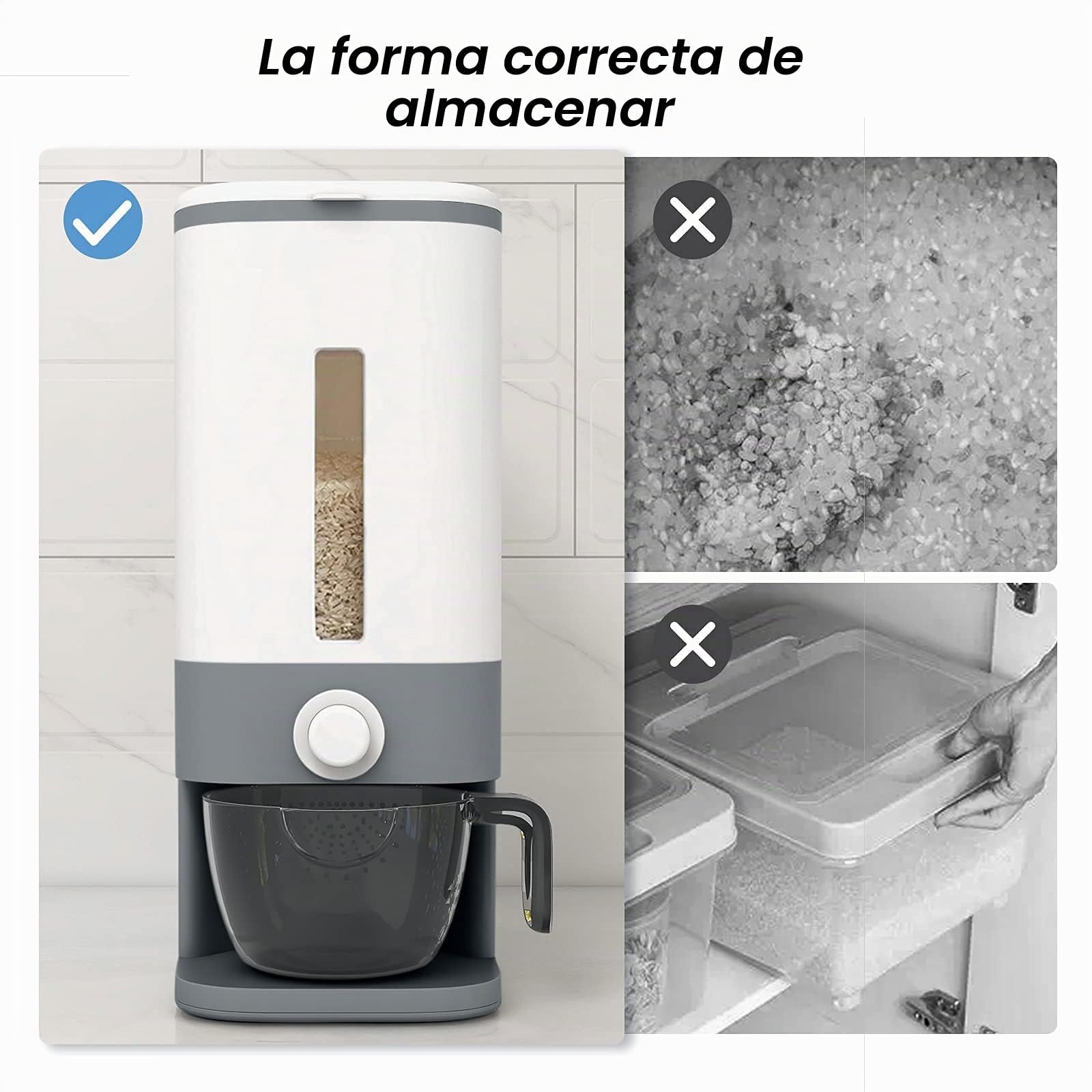 Dispensador de arroz grande, contenedor de grano grande con tapa, cilindro de medición, a prueba de humedad, dispensador de cereales para el hogar, cubo para cocina, soja y maíz