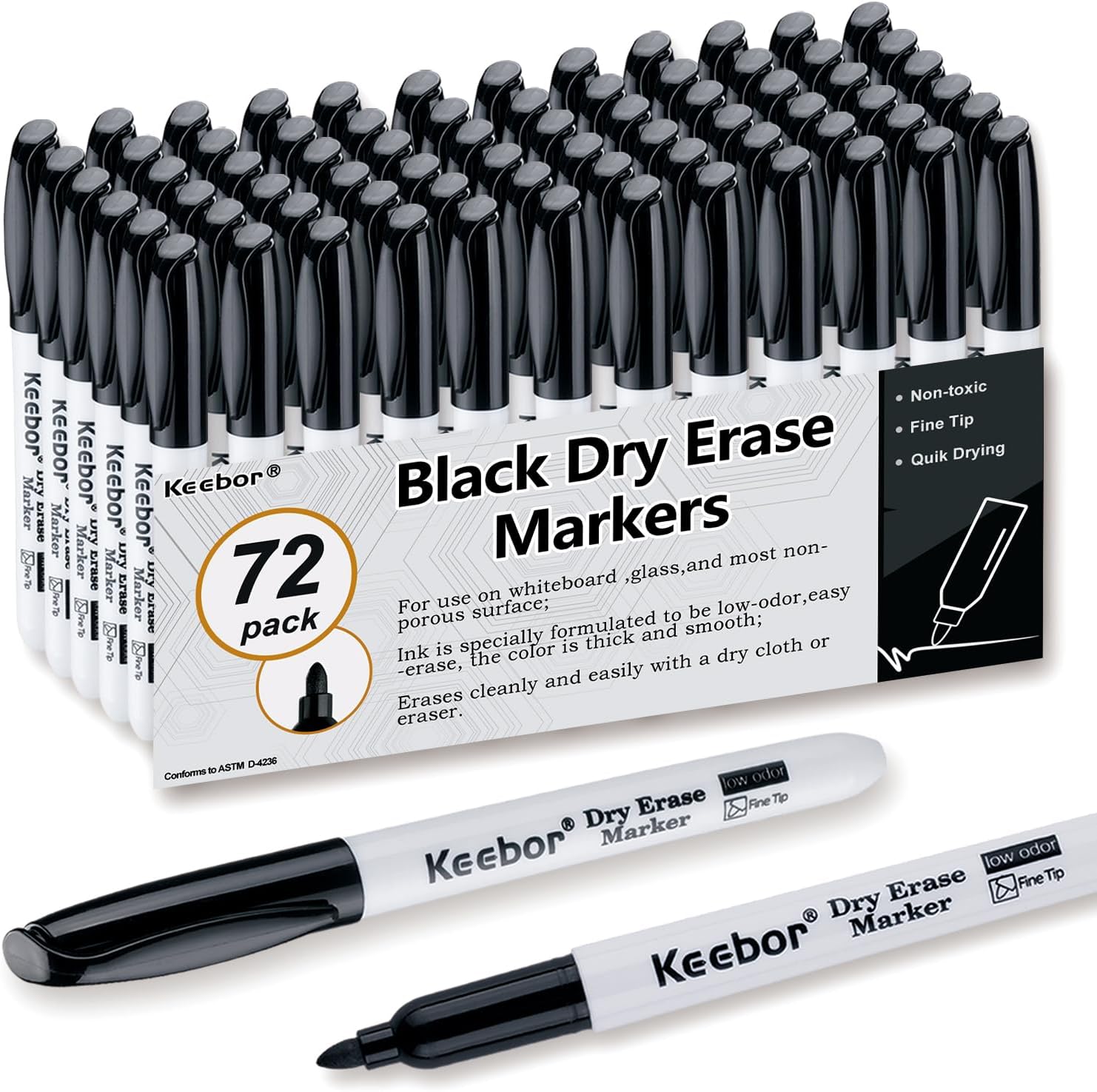 Keebor Fine Tip Dry Erase Markers - Bold Black, Long-Lasting ink, Low-Odor - 72 Pack Whiteboard Markers Bulk for Home, Office, Back to School Supplies
