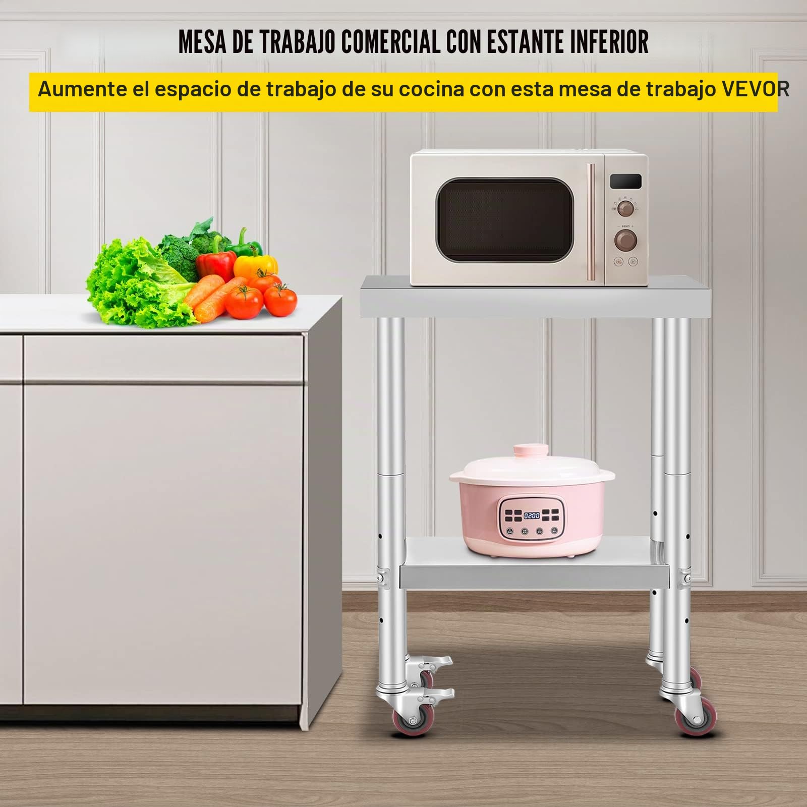 VEVOR Mesa de acero inoxidable, plata, 24 x 12 x 32 pulgadas