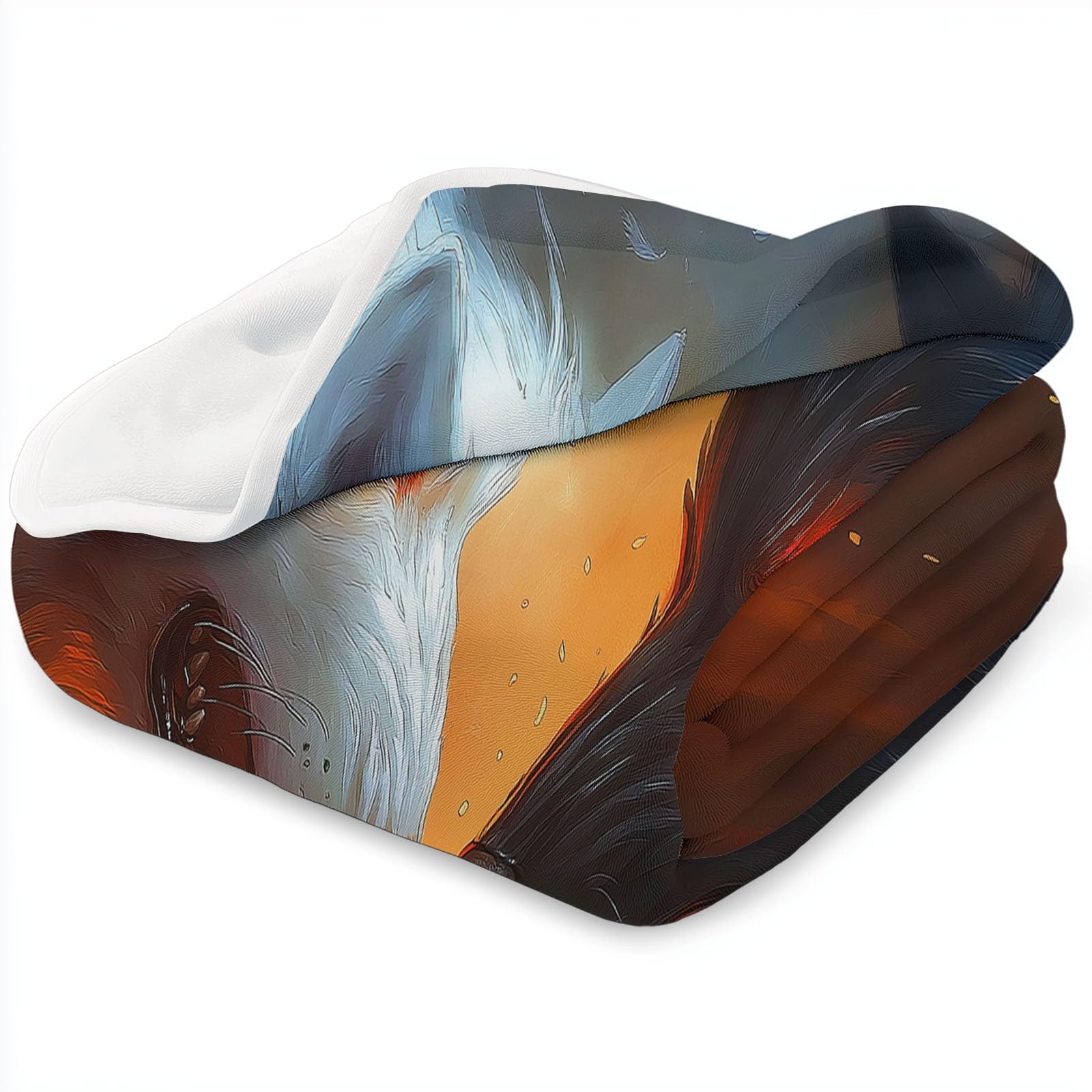 Przytulny koc flanelowy, puszysty, 150 x 200 cm, fantazyjny, zwierzęcy wilk, koc do mieszkania i jako narzuta na sofę, miękki koc polarowy z mikrofibry, jako narzuta na kanapę, pomarańczowy kolor