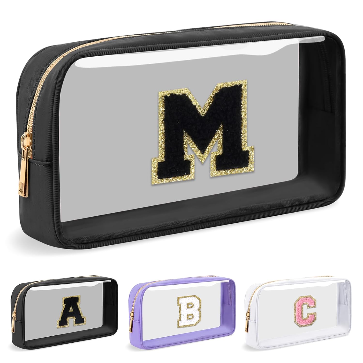 Personalized Initial Letter Clear Makeup Bag Preppy Small Nylon PVC Cosmetic Zipper Bag with Chenille Letter Travel Skincare