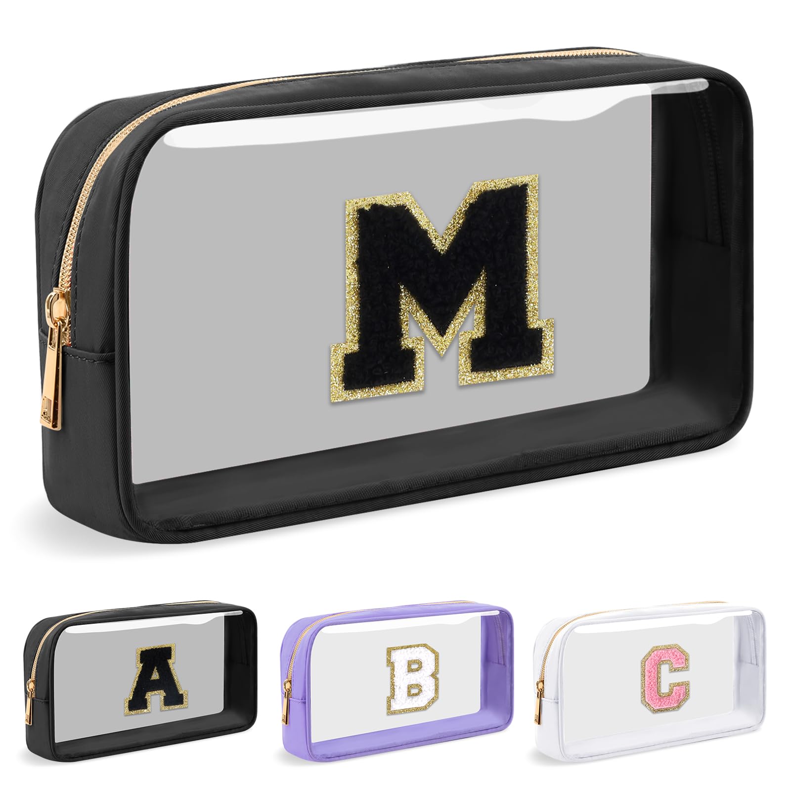 Personalized Initial Letter Clear Makeup Bag Preppy Small Nylon PVC Cosmetic Zipper Bag with Chenille Letter Travel Skincare