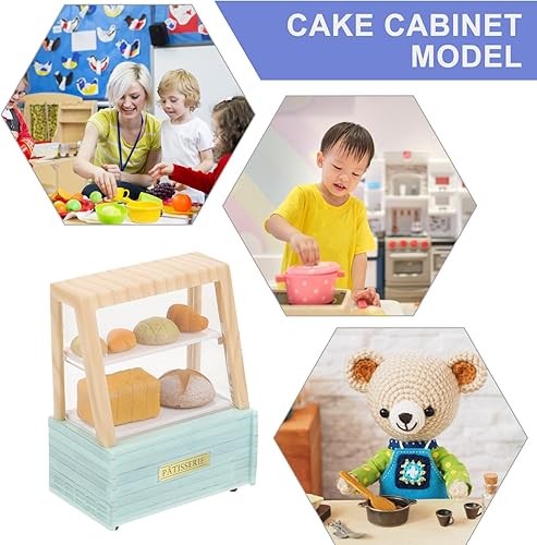 Miniatura 3 de Estuche de panadería en miniatura, 1 juego de soporte para tartas, mini gabinete para pasteles con alimentos en miniatura para modelos de casa de