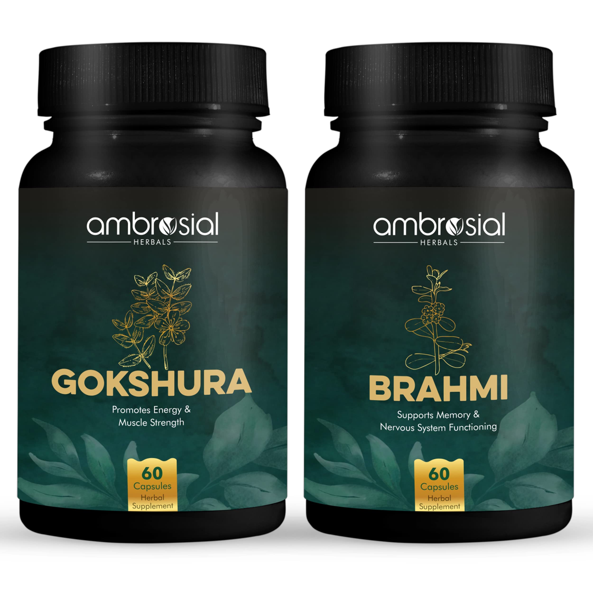 Ambrosial Combo of Gokshura (Tribulus) and Brahmi 500 Mg Capsules | 60 Capsules in Each (Pack Of 2)