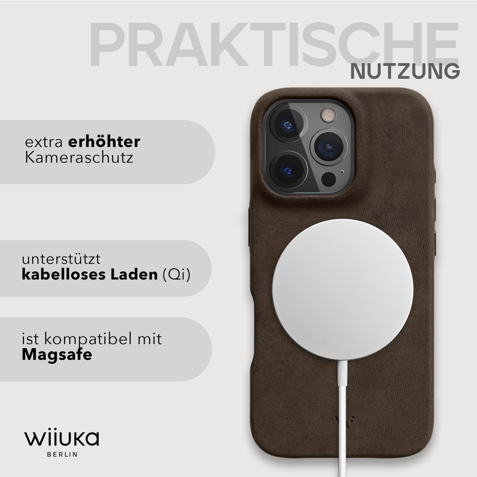 WIIUKA Hülle für iPhone 16 Pro, Leder aus Deutschland, Lederhülle extra Dünn, Premium Handyhülle, Case, Qi, skiin More, Vintage Braun