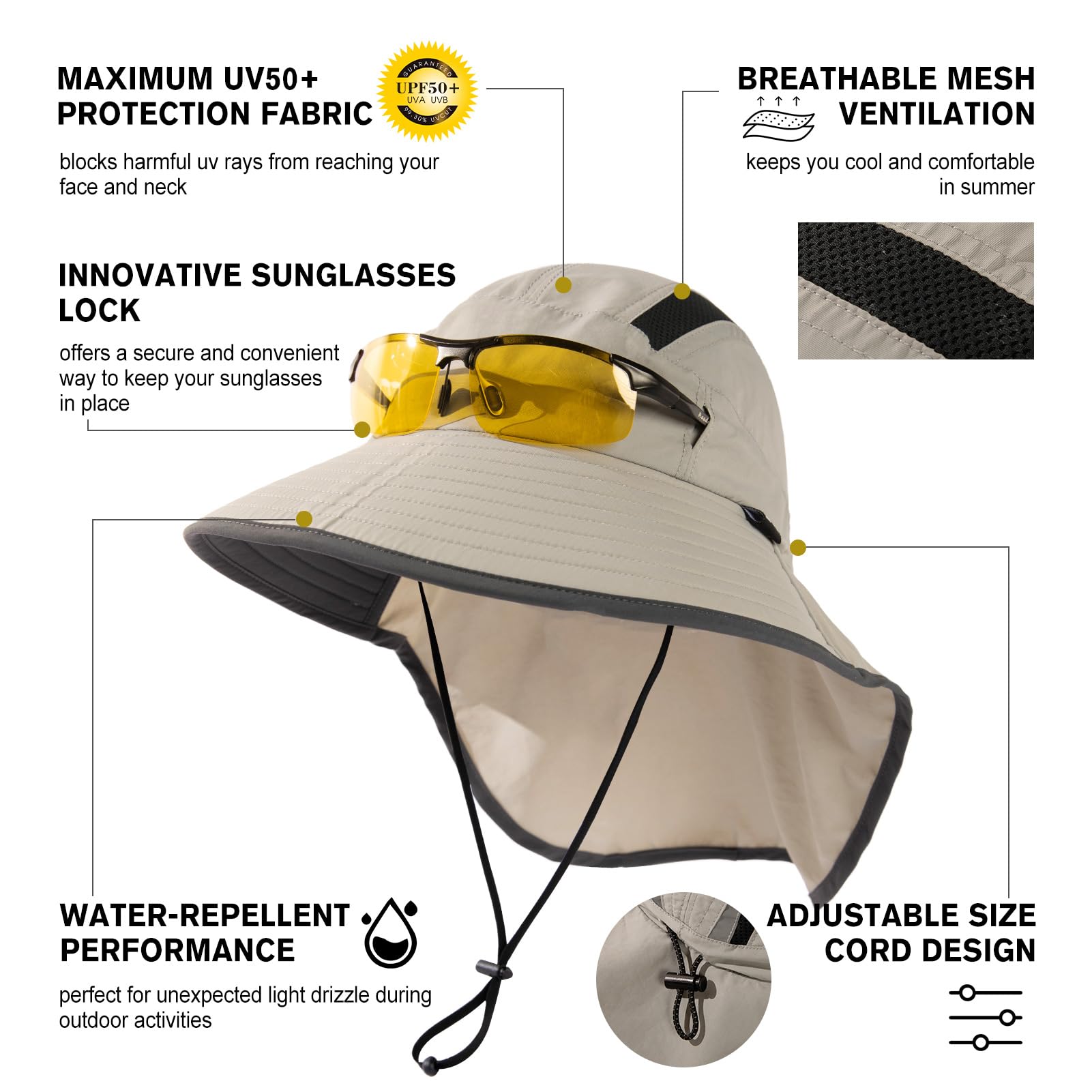TOP-EX Chapeau de soleil unisexe pour homme avec rabat tour de cou et verrouillage UPF 50 à large bord étanche et pliable
