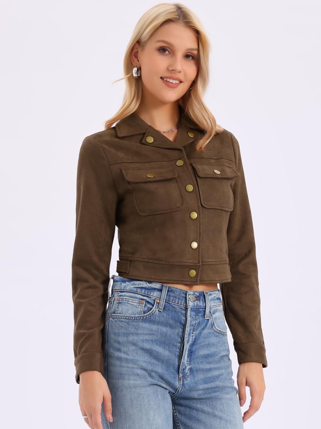 Allegra K Women's Faux Suede Jacket Button Down Collar Pockets Crop Moto Biker Coat - Image 2