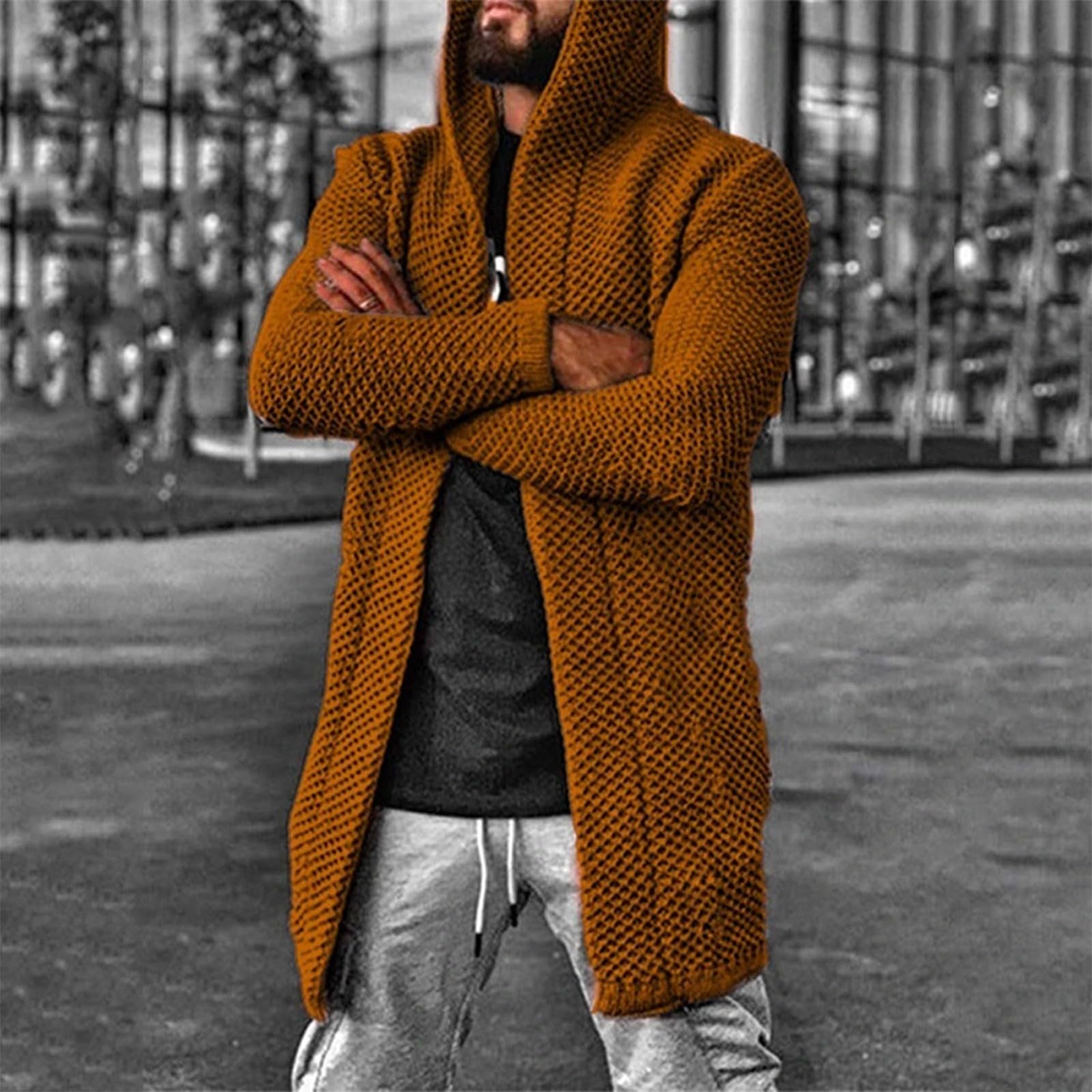 Generisch Giacca da uomo con cappuccio, lunga per cardigan con cappuccio, tinta unita, a maniche lunghe, con cappuccio, leggera, oversize, casual, maglione outwear