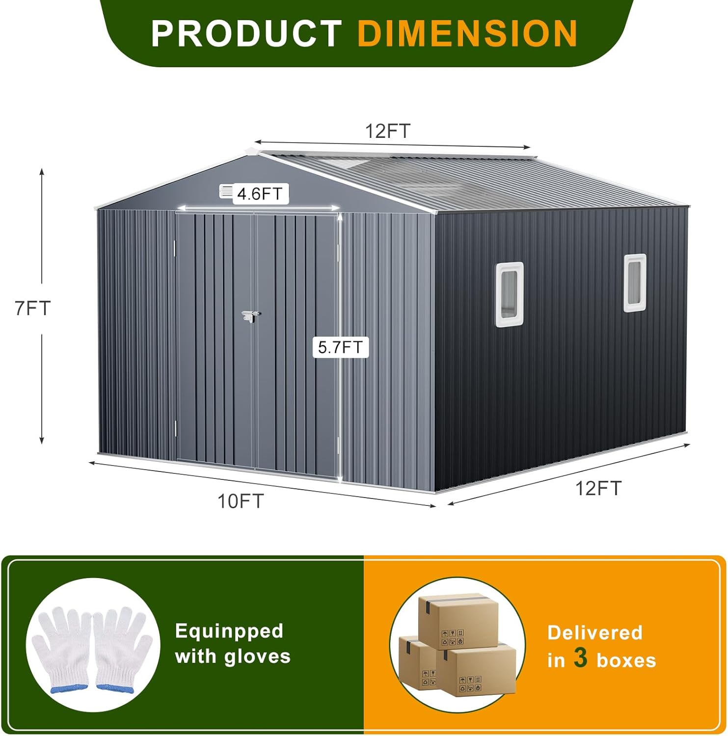 12x10 FT Metal Outdoor Storage Shed, Skylight View Heavy-Duty Galvanized Steel Garden Shed with Windows & Lockable Doors, Reinforced Structure Shelter for Backyard & Patio, (Grey)