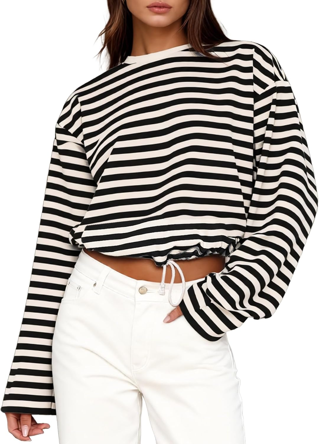 MONCCIZA Womens Long Sleeve Sweatshirt Oversized Striped Crewneck Pullover Going Out Crop Tops Casual Outfits