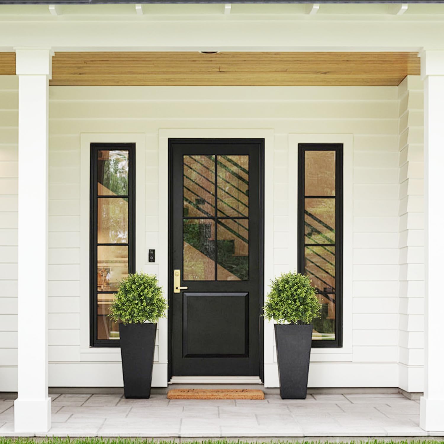 24" Faux Boxwood Plants Outdoor, Artificial Topiary Ball Trees Set of 2, UV Resistant Fake Potted Evergreen Realistic Greenery Bushes Shrubs for Outside Front Porch Planter Patio Indoor Decor 2ft Tall - Image 4