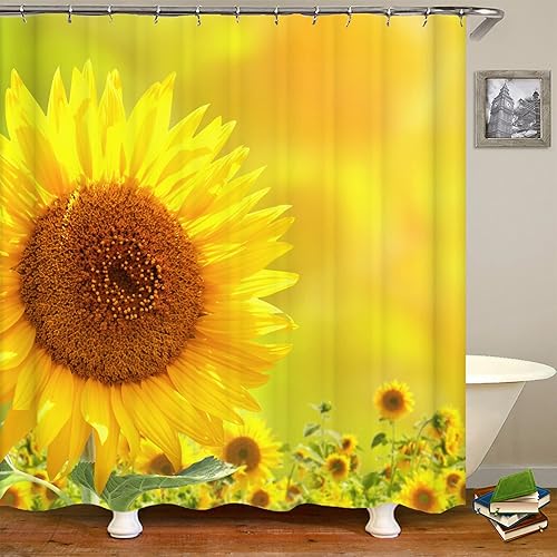 Miniatura 4 de Hipposama Cortina de ducha de girasol, juego de cortina de ducha de girasol amarillo de primavera campestre, cortinas de ducha florales de acuarela