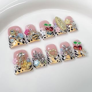 10 Pcs Duck Press on Nails Medium Handmade Fake Nails French Tip with 3D Flower Butterfly Cherry Design Leopard Print False Nails Glossy Acrylic Artificial Full Cover Stick on Nail for Women（M）