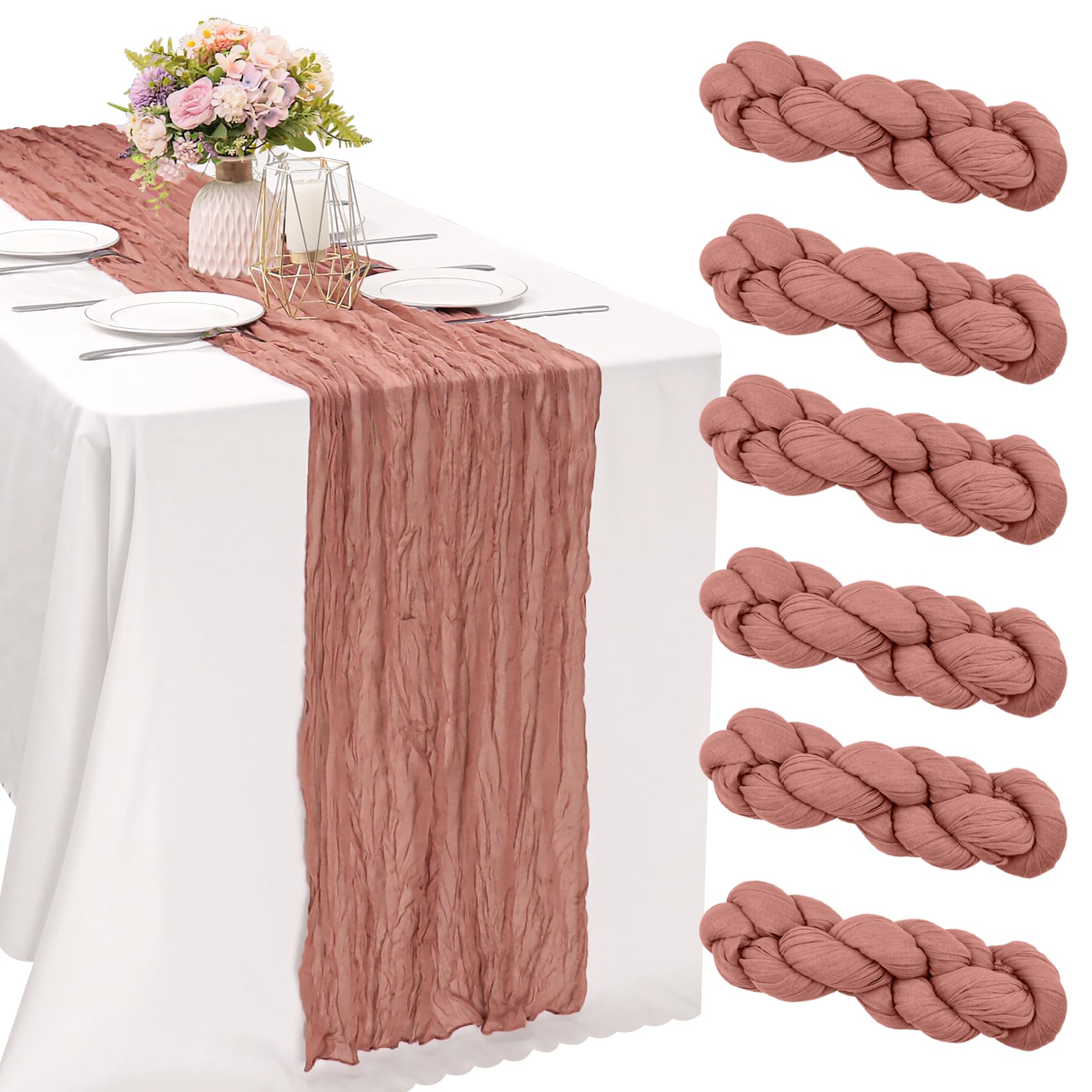 6 pieces dark rose 10ft cheesecloth table runner boho gauze fabric table runner rustic sheer runner for wedding birthday baby shower party boho table decoration?dark rose?