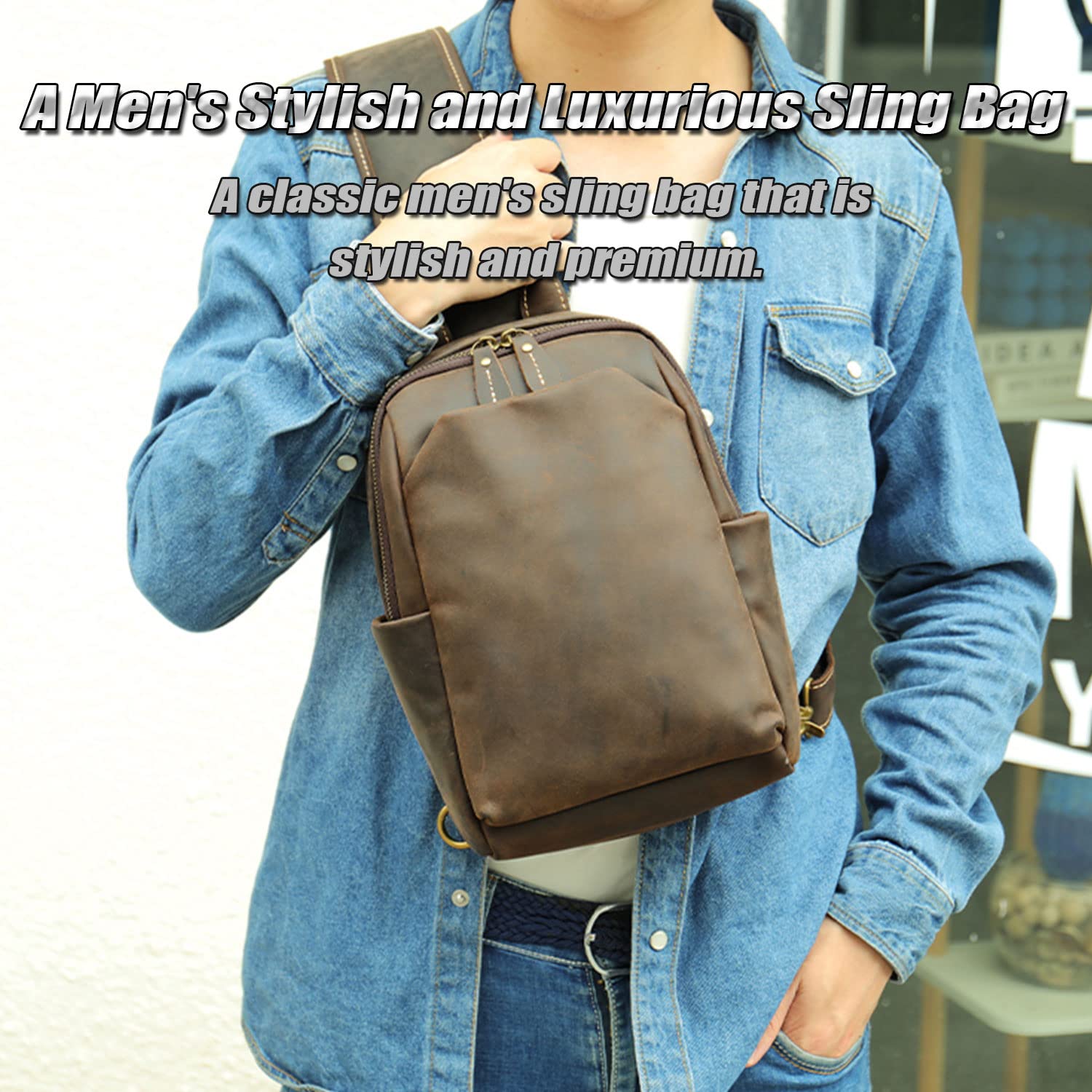 Zaino Monospalla Classico Uomo in Vera Pelle, Borsa a Tracolla Casual da Viaggio, Zainetto a Spalla da Uomo, Borse da Petto Vintage per Tablet da 10,5 Pollici