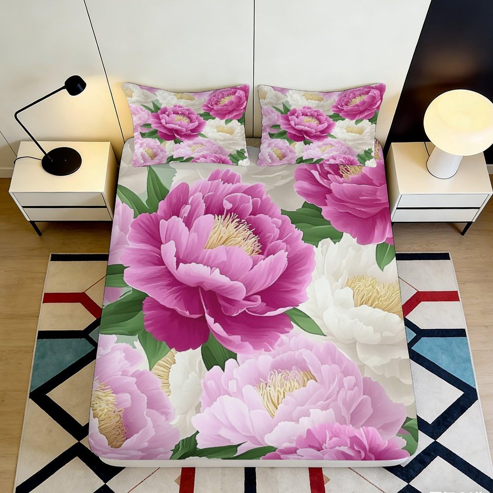 3D Printed Peony Blossom Fitted Sheet Microfiber Pink Floral Bed Cover for Bedroom Guest Room Mattress Decor 90x200x25cm