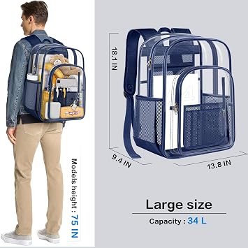 PAMANO Clear Backpack Transparent Heavy Duty Bookbag See Through Bag for College Work Travel Security, Navy XL