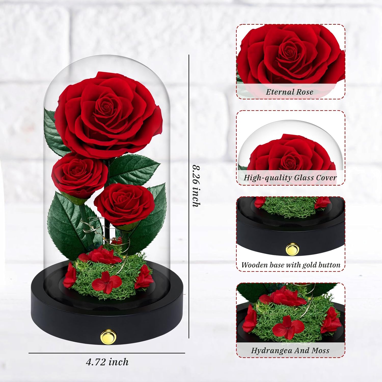 3 Preserved Flowers Roses in Glass Dome for Beauty and The Beast Decor Real Rosas Eternas for Women Mom Birthday,Forever Red Roses for Delivery, Gifts for Wife Girlfriend Her