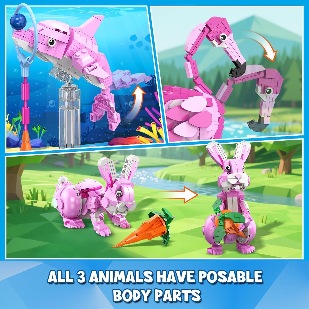 HOGOKIDS Easter Bunny 3 in 1 Pink Building Set with Flowers, Animal Figure with 3 Building Options - Flamingo, Bunny, or Dolphin, 558PCS Creative Birthday Gift, Learning Toy for Kids Girls Boys Age 6+