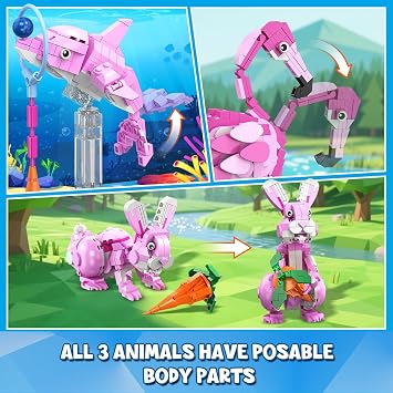 HOGOKIDS Easter Bunny 3 in 1 Pink Building Set with Flowers, Animal Figure with 3 Building Options - Flamingo, Bunny, or Dolphin, 558PCS Creative Birthday Gift, Learning Toy for Kids Girls Boys Age 6+