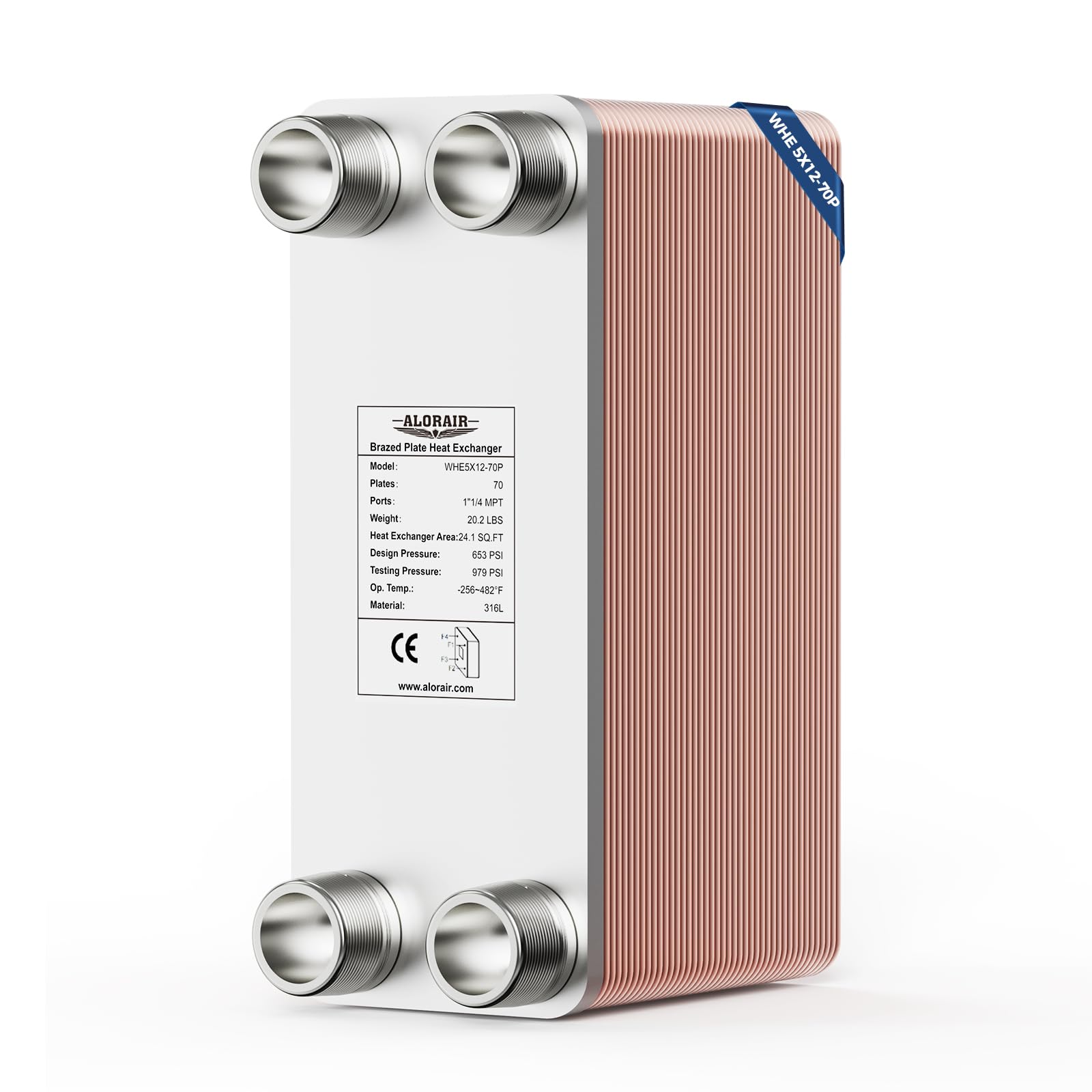 ALORAIR 5"x12" 70 Plates Heat Exchanger with 1-1/4" MPT Port,316L Stainless Steel Water to Water Brazed Plate Heat Exchanger for Floor Heating, Water Heating, Commercial and Industrial Refrigeration