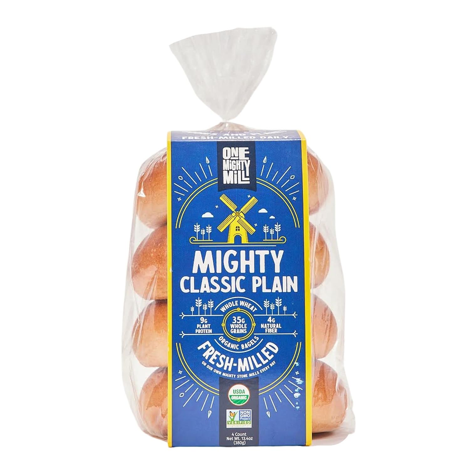 One Mighty Mill Whole Wheat Plain Bagels, 100% Organic, Fresh-Milled, Stone-Ground Flour - No Preservatives or Artificial Ingredients, Non-GMO, Kosher (4 Count, 1 Pack)