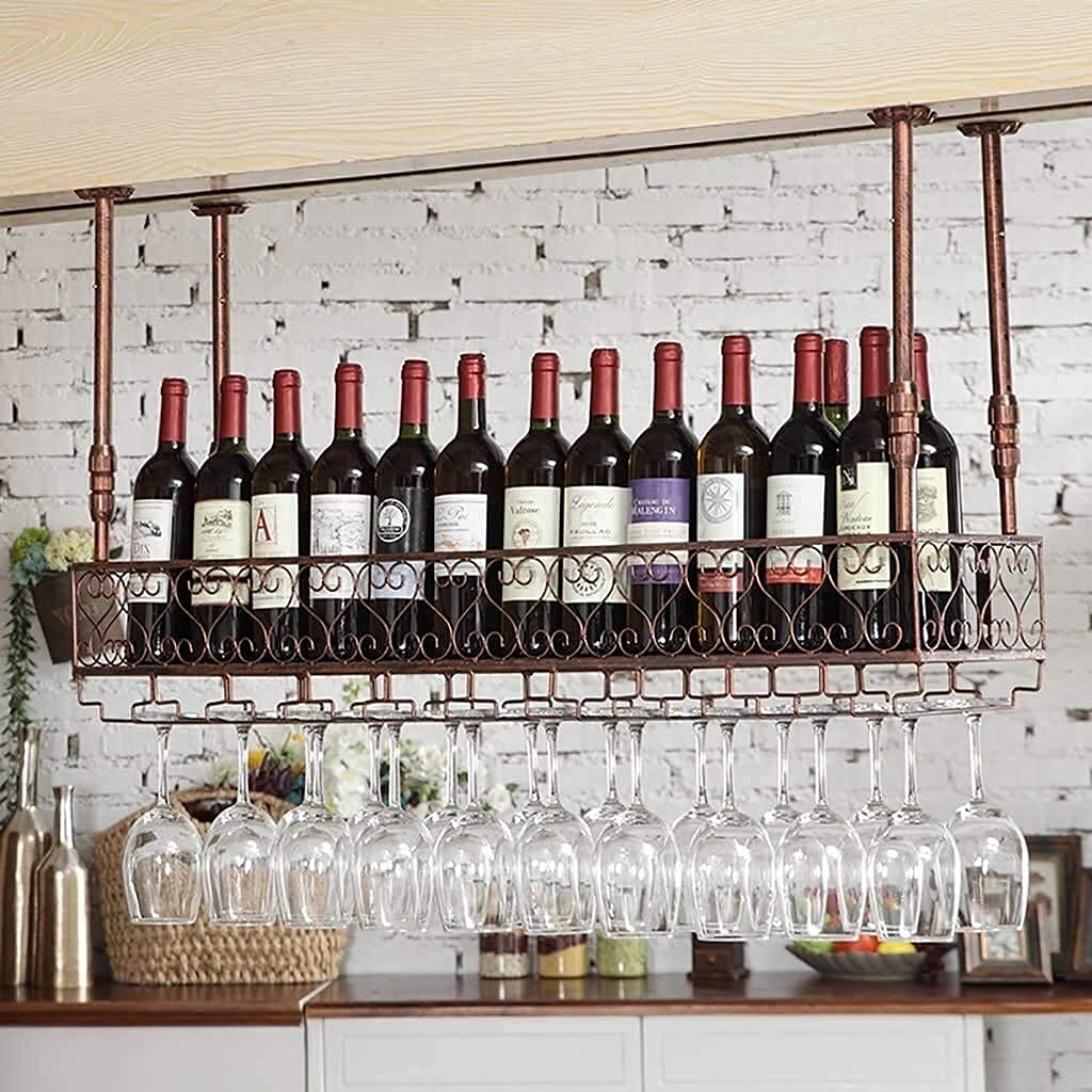 Casier à vin suspendu pour ranger bouteilles de vin rouge et verres à pied