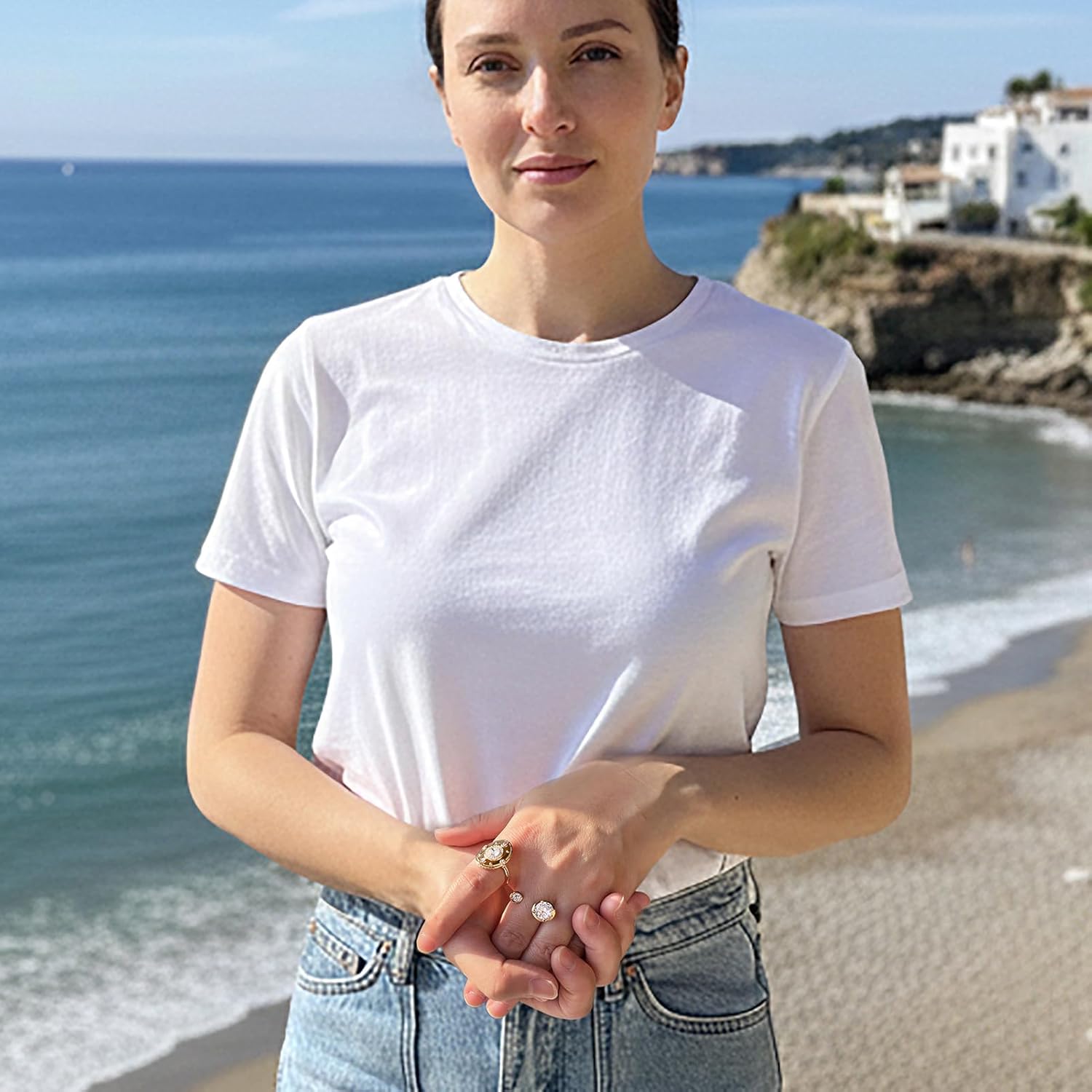 Gold Statement Ring for Women, 14K Gold Plated Adjustable Open Band Rings with Cubic Zirconia Gemstones, Dainty Stackable Cocktail Ring Sparkle Party Jewelry Gift - Image 4