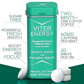 Viter Energy 40mg Caffeine Mints - Sugar Free, B Vitamins, Vegan, Boosts Fast Energized Alert Focus, Caffeinated Nootropic Supplement Pills (Peppermint Flavor, 20pcs, 6 Pack, 120pcs Total)
