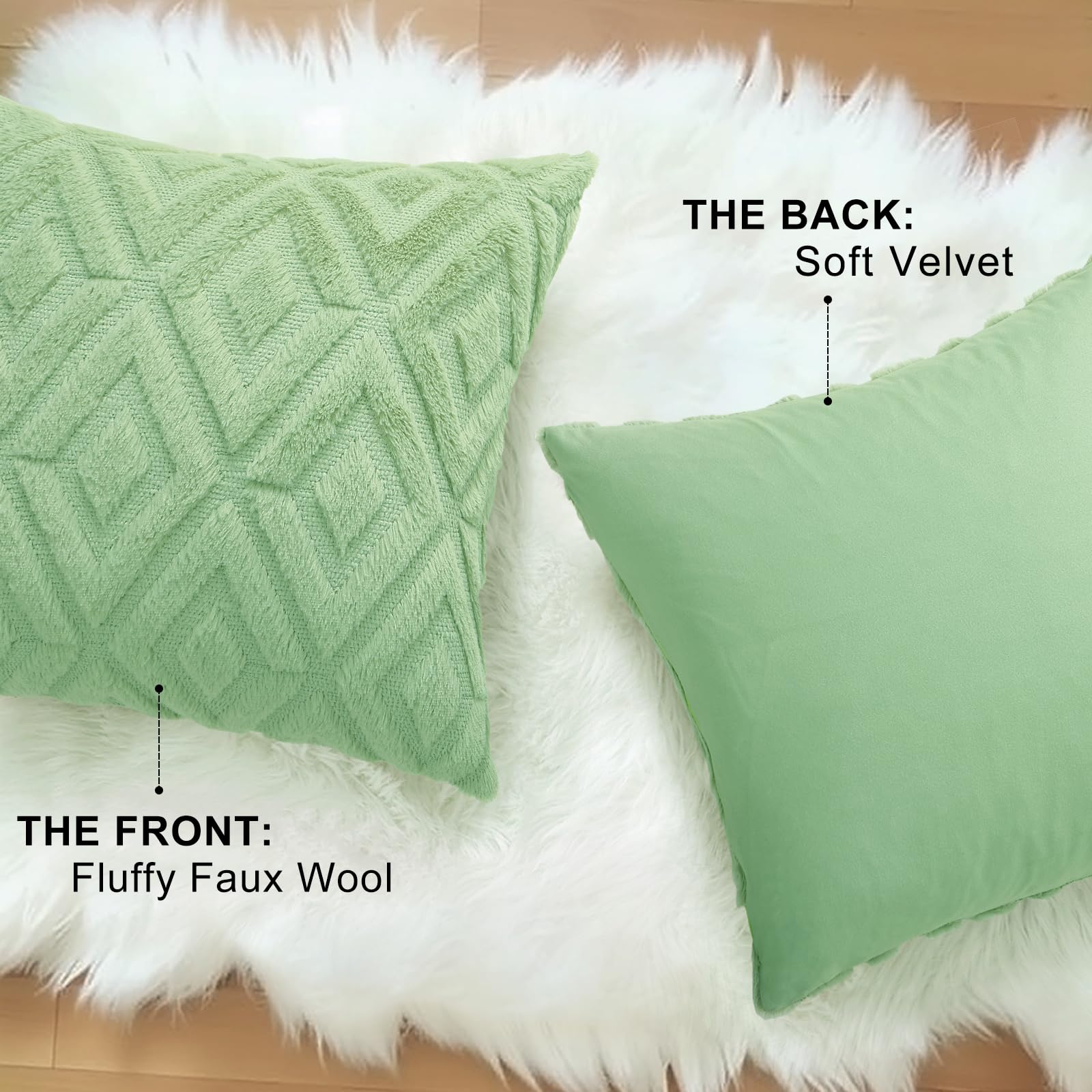 decorUhome Lot de 2 housses de coussin décoratives douces en fausse fourrure et laine pour canapé de printemps et canapé de printemps, 55 x 55 cm, vert sauge