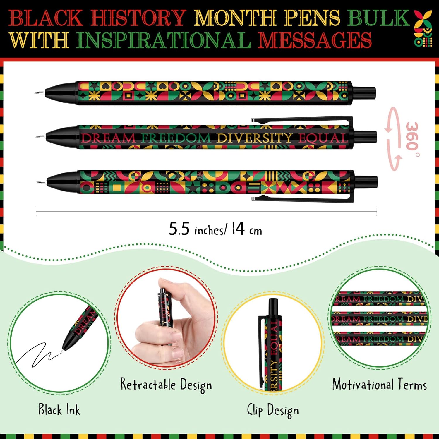 Sinload 200 Pcs Juneteenth Ballpoint Pens Bulk for Prizes Inspirational Geometric Dream Freedom Diversity Equal Pen for 1865 Happy Juneteenth Day African American Party Supplies