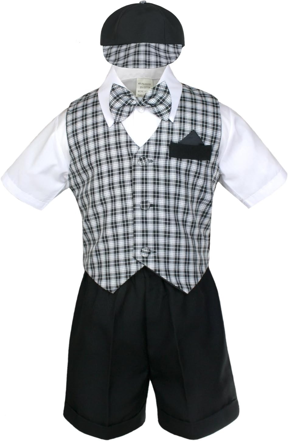Baby Boy Formal Black Gingham Checks Vest Bow Suits Shorts Sets Hat 2T-4T