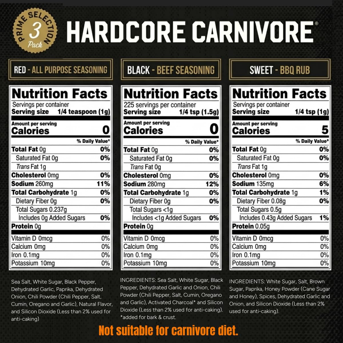Hardcore Carnivore Seasoning Shakers: Best Sellers (3 Pack) Black Beef, Red All-Purpose, Sweet BBQ Seasonings | Bold Texas Flavors for Grilling, Smoking and Cooking Gift Pack