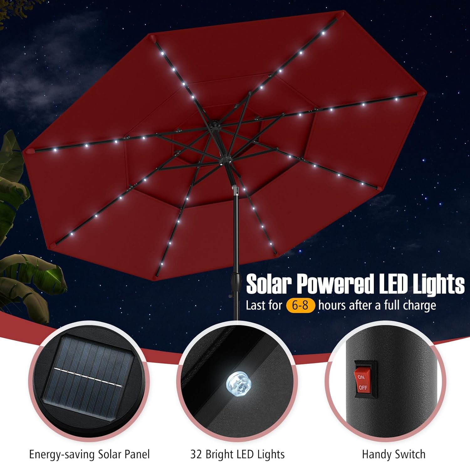 Tangkula 10 FT Solar LED Patio Umbrella, 3-Tier Vented Outdoor Market Table Umbrella with 32 LED Lights, Tilt Adjustment, Crank Handle, 8 Ribs for Backyard Pool Deck (Wine)