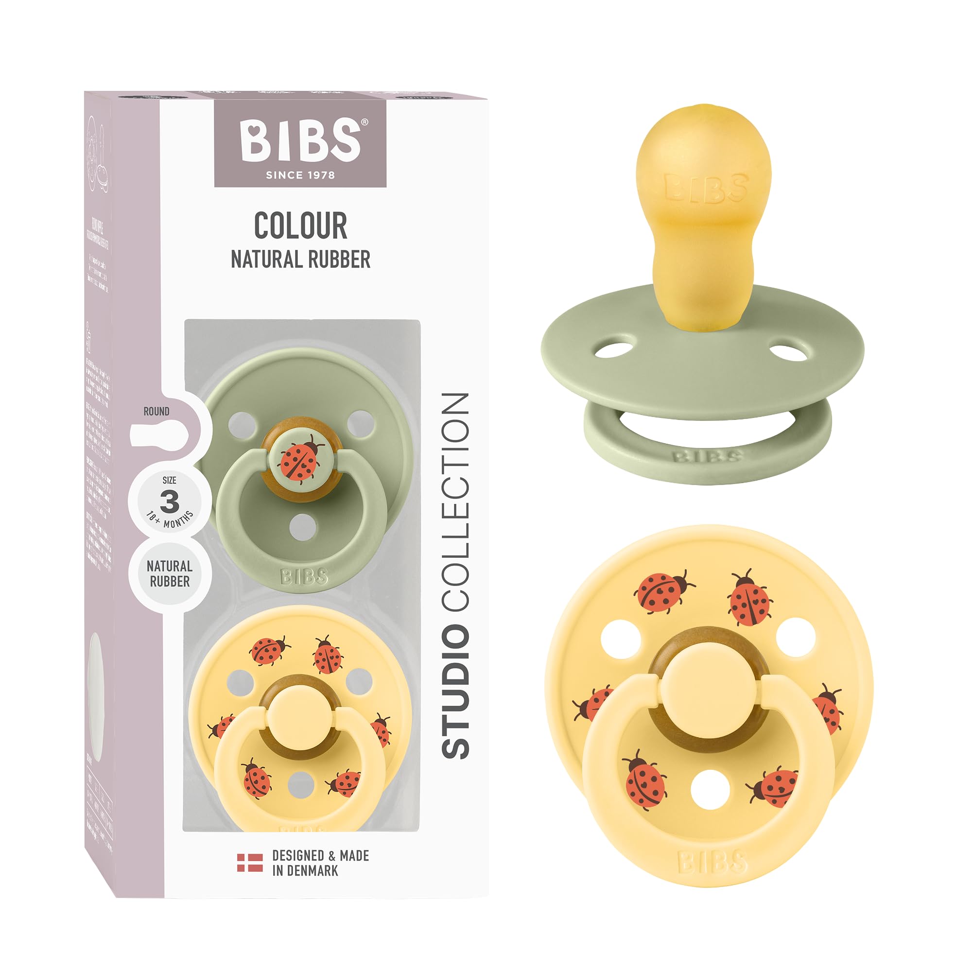 BIBS Colour Studio Ciuccio 2 pezzi, Lattice di gomma naturale, Taglia 3 (18+ mesi), Sage/Pale Butter