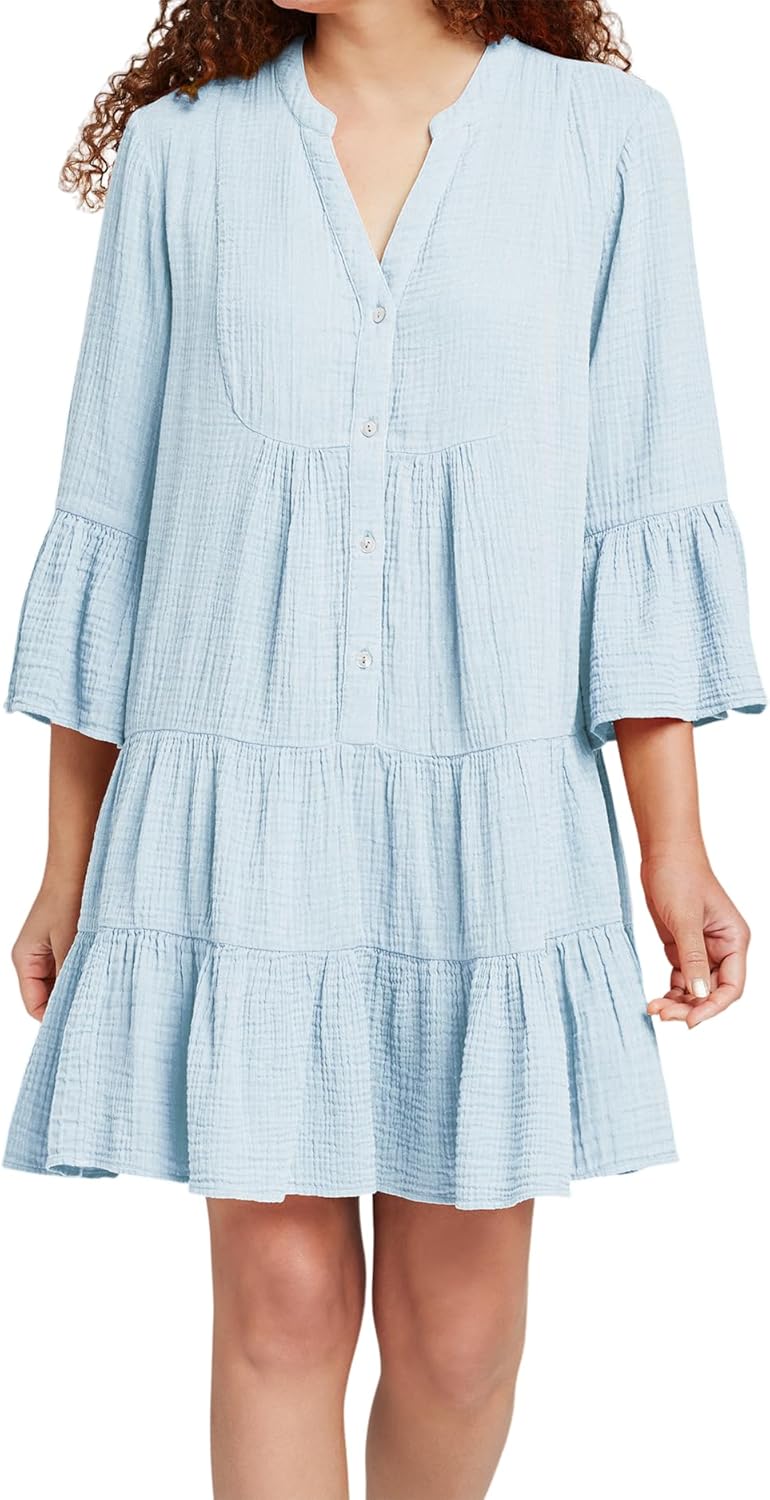 R.Vivimos Cotton Dresses for Women Summer V Neck 3/4 Flare Sleeve Button Front Casual Loose Tiered Mini Dress - Image 2