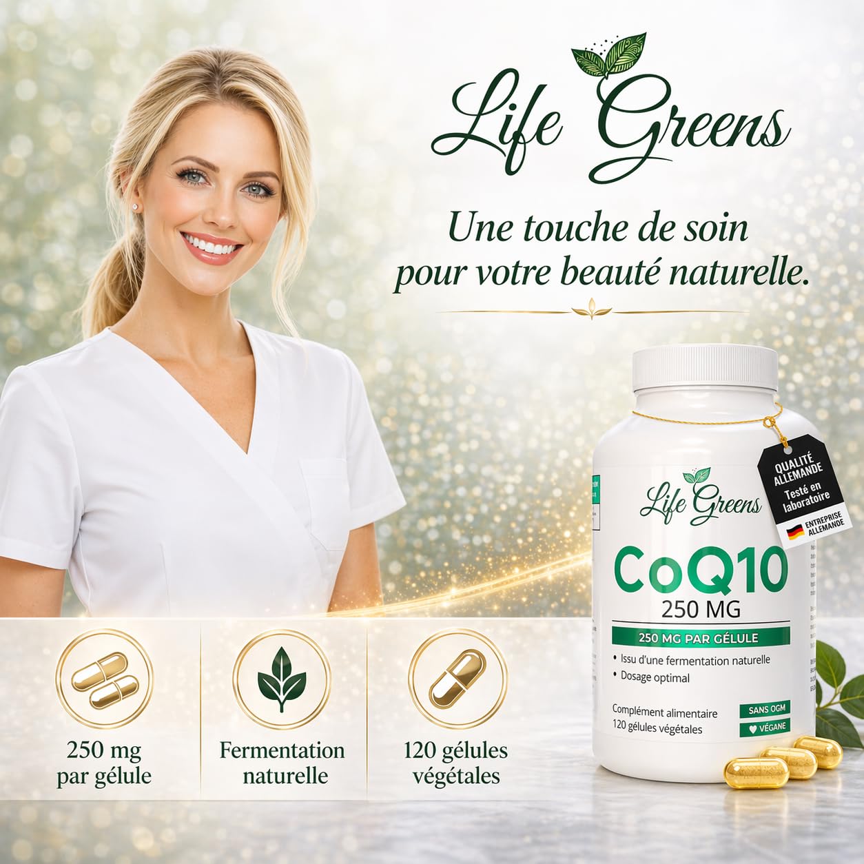 COENZYME Q10 250 mg | CoQ10 Ubiquinol issu de fermentation naturelle | Puissant antioxydant naturel | Protection anti âge | Énergie cellulaire | Absorption optimale | 120 gélules véganes | Sans OGM
