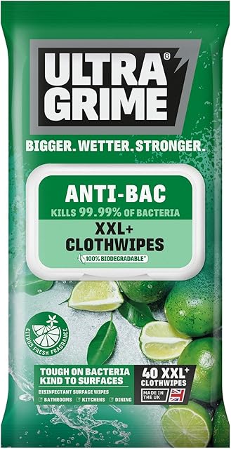 UltraGrime Anti-Bacterial Wet Wipes - Big Size Biodegradable Disinfectant Clothwipes - Plastic Free Multi-Purpose Heavy-Duty Sanitizing Cloths - Citrus (40 Thick Large Wipes)