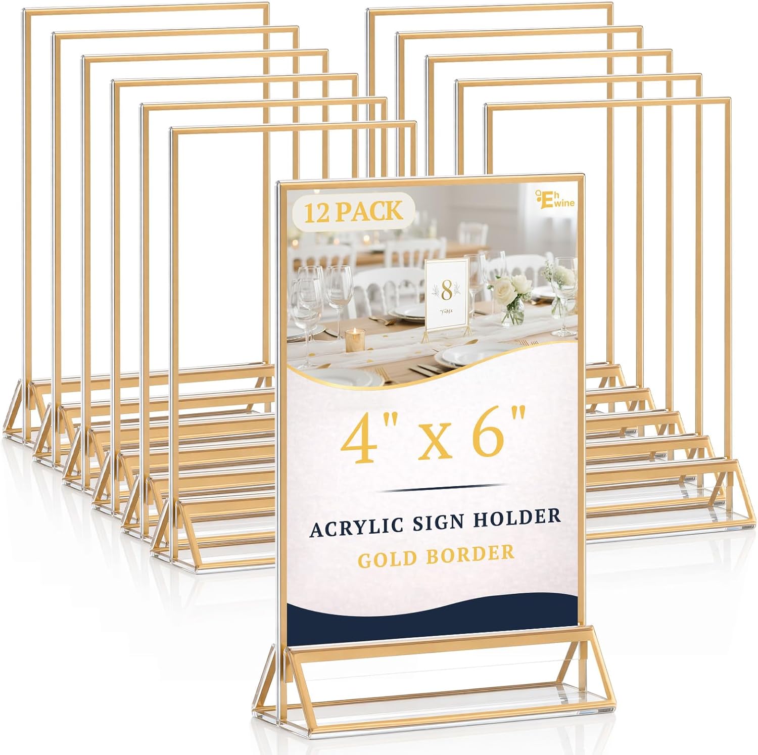 EHWINE 12 Pack 4x6 Acrylic Sign Holders Double Sided Gold Frame Tabletop Displays for Weddings Menus Flyers Parties